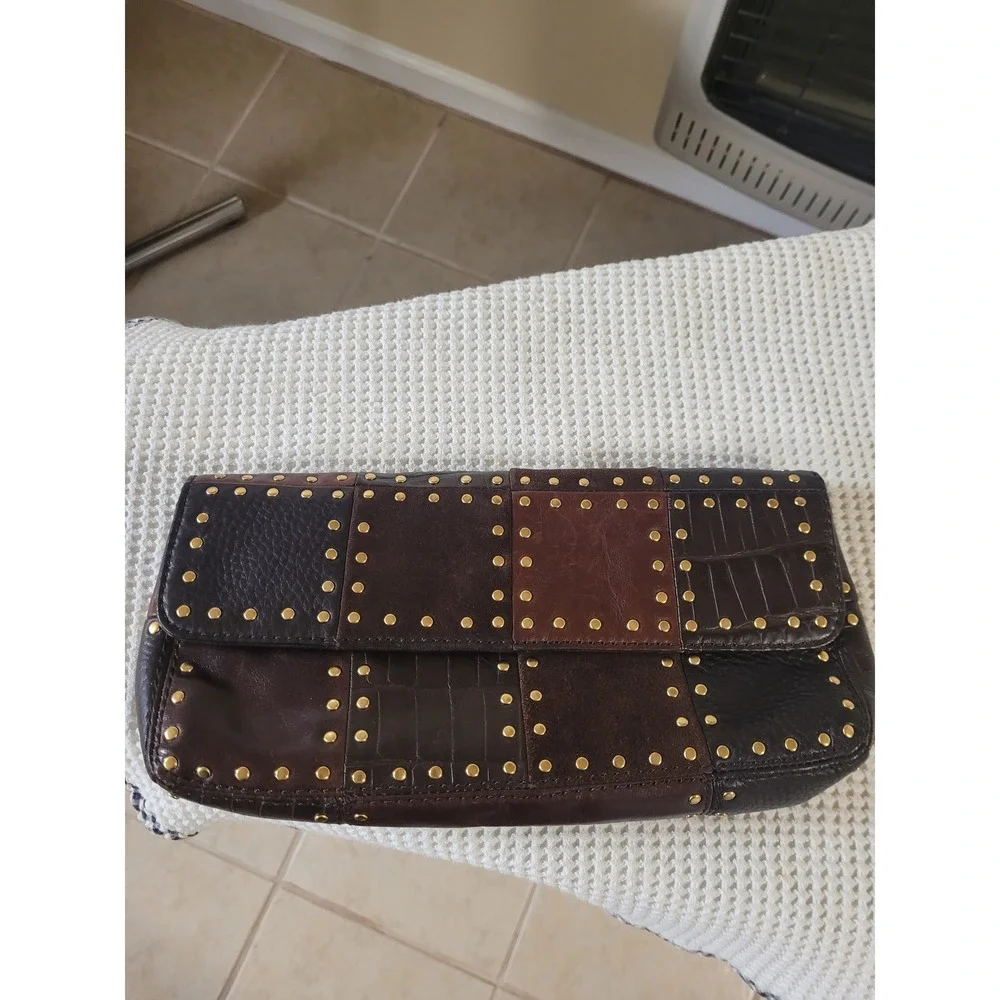 Michael Kors Studded Patchwork Leather Clutch Handbag Brown Gold Hippie Style‎